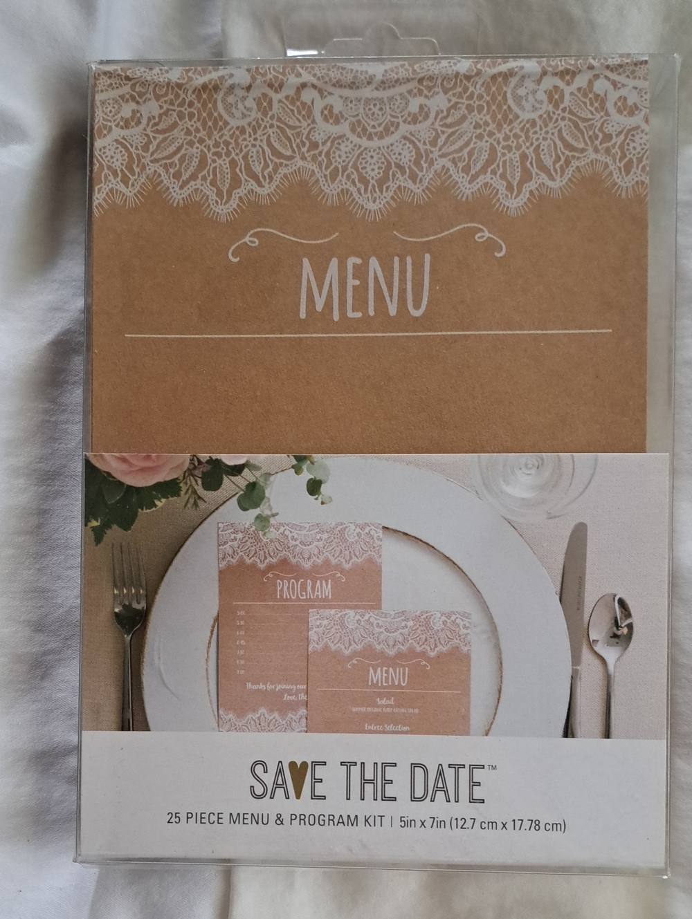 Save The Date Lace Kraft Menu Cards - Rustic Brown & White